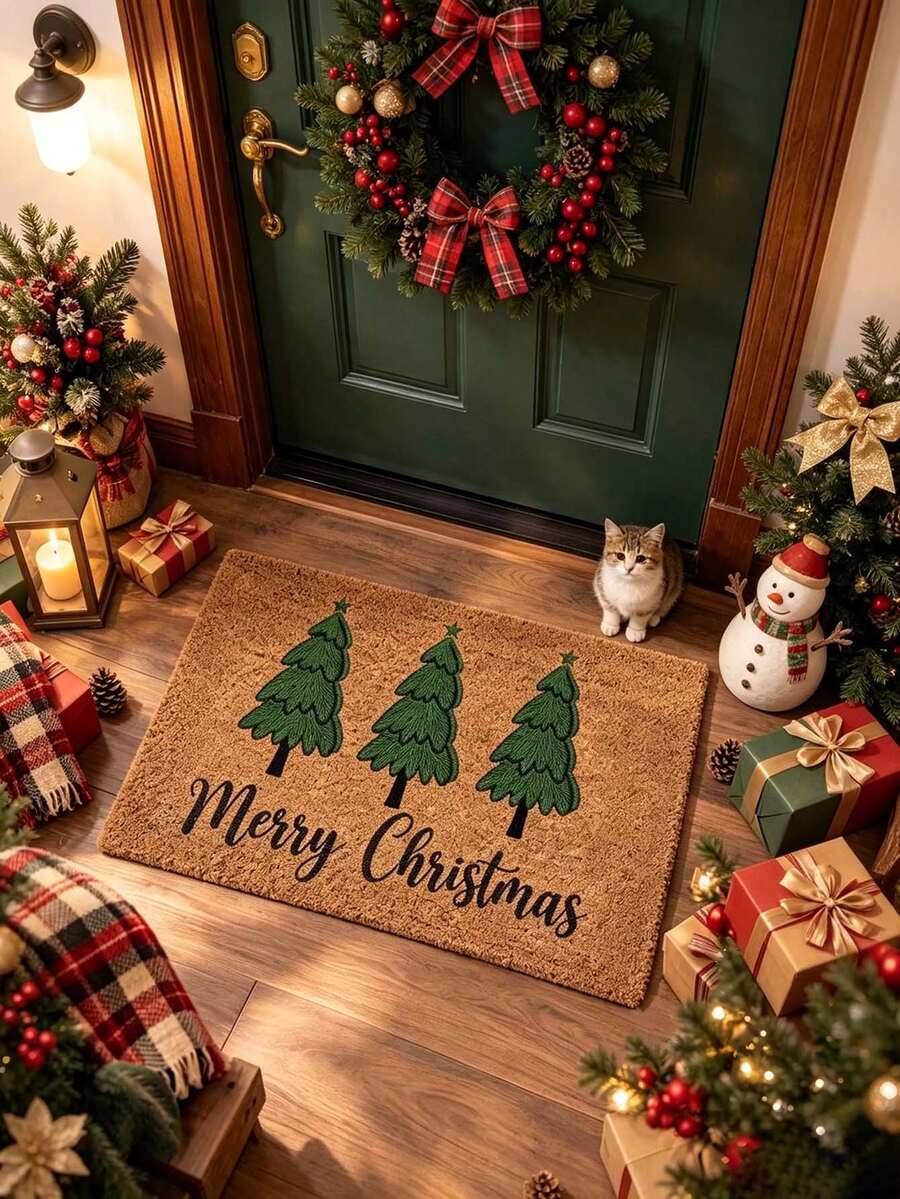 1pc Christmas Welcome Mat, Faux Coconut Fiber Material, Thick And Easy To Clean, Door Mat, Small Rug, Welcome Mat, Outdoor Door Mat, Kitchen Rug, Home Decor, Area Rug, Garden Rug, Washable Rug