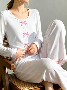 2 Pieces Sweet Girl Bow Home Set, White Pit Stripe Round Neck Long Sleeved Loose Pants, Suitable For Daily Casual Wear In Spring, Autumn And Winter. - White - View 2