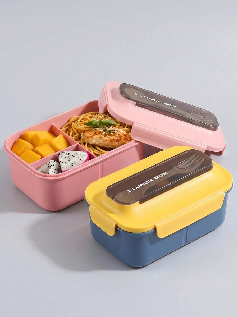 1pc Pink Lunch Box With Utensils, Bento Box With Spoon And Fork, Microwave , Insulated Lunch Bag, 3-Compartment Food Storage Container Set, Suitable For Christmas Gift, Back To School, Birthday Gift, Office Lunch - Multicolor - View 1