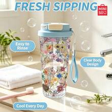 MINISO Transparent Water Cup, Cute Little Goldfish Pattern Coffee Cup, Clean And Refreshing, 550ML Transparent Water Cup, Straw, Travel, Easy To Carry; Valentine's Day Gift. - Baby Blue - View 5