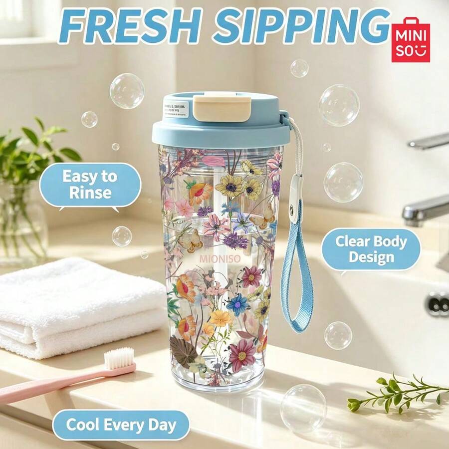 MINISO Transparent Water Cup, Cute Little Goldfish Pattern Coffee Cup, Clean And Refreshing, 550ML Transparent Water Cup, Straw, Travel, Easy To Carry; Valentine's Day Gift. - Baby Blue - View 1