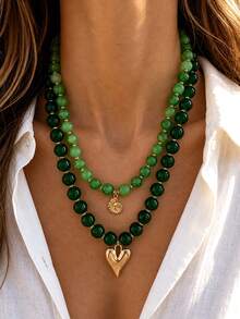 2/1pc Vintage Elegant Metal Heart And Shell Pendant Green Beaded Necklace Set, Suitable For Vacation And Daily Wear - Green - View 6
