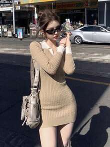 Autumn/Winter New Khaki Color Preppy Style 2 In 1 Polo Collar Contrast Color Cable Knit Slim Fit Bodycon Long Sleeve Knit Dress - Khaki - View 3