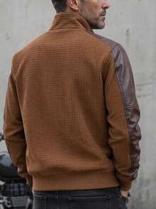 男士棕色紋理拼接立領拉鍊長袖休閒夾克，冬季款 - 棕色 - 查看 4
