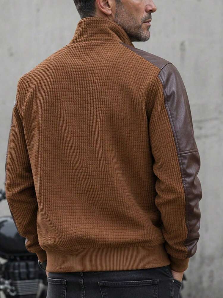 Men's Brown Textured Patchwork Zip-Up Stand Collar Long Sleeve Casual Jacket, Winter - Brown - View 4