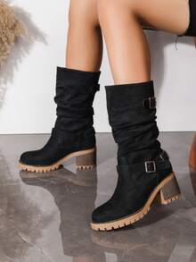 Vintage Ruched Mid-Calf Boots For Women, Chunky Heel, Thick Sole, Belt Buckle, Western Style, Wrinkled Boots, Autumn/Winter Riding Boots - Black - View 2