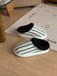 XIXITIAO Minimalist Casual Striped Slippers, Warm Winter Soft Sole House Slippers - White - View 9