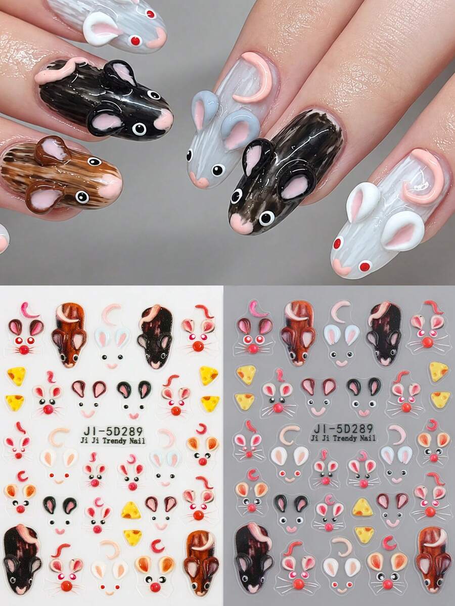 5D Embossed Cute Mouse & Cheese Nail Stickers, Cartoon Animal Self‑Adhesive Nail Decals, Kawaii DIY Manicure Nail Art Decorations - Multicolor - View 1