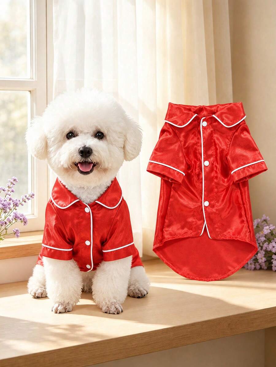 Red Breathable Comfortable Satin Pet Pajamas, Non-Stretch Fabric, Suitable For Teddy And Other Small Dogs For Indoor Wear All Seasons. Note: This Style Runs Small, Please Choose 1-2 Sizes Larger, Other Dog Breeds Please Purchase With Caution