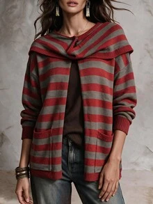 Women Striped Draped Collar Open Front Knit Cardigan, Long Sleeve Loose Fit Pocket Design Fall Casual Sweater Coat - Multicolor - View 5