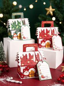 10pcs/50pcs/Pack Christmas Party Gift Candy Favor Boxes, Handheld Paper Boxes, Christmas Decoration Atmosphere Paper Boxes, 3D Christmas House - View 4