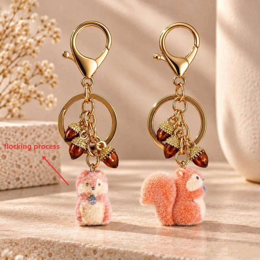 1pc/2pcs Women's Cartoon Flocked 3D Squirrel Pendant Alloy Pine Cone Keychain, Cute Cartoon Bag Charm Wallet Accessory - Multicolor - View 1