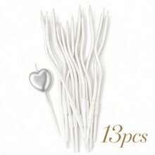 13pcs Birthday Cake Candles Set, Includes 12 Pearl White Wavy Curve Candles + 1 Silver Heart-Shaped Candle, Minimalist Luxury Texture - View 5