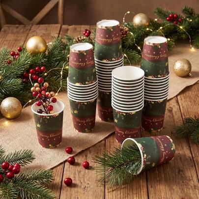 10/20/60 Pcs,Vintage Green Red Xmas Bauble 9oz Paper Cups,Merry Christmas Gold Letter Disposable Beverage Cups,Table Setting Supplies For Pre-Christmas Family Feast,Winter Solstice Dinner,Holiday Housewarming