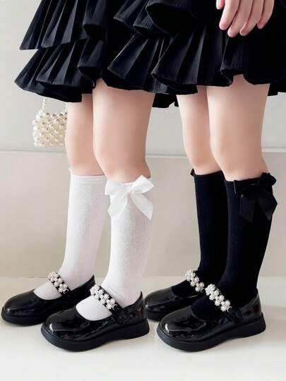 2 Pairs Girls' Bow Knee-High Socks, Elastic Comfortable Breathable Casual Holiday Birthday Party Daily Wear, Suitable For All Seasons
