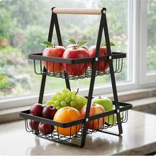 1pc Countertop Vegetable & Fruit Basket With Removable Bowl Rack And Wooden Handle, Fresh-Keeping Kitchen Storage Organizer, Kitchen Accessory, Holiday Essential - Black - View 10