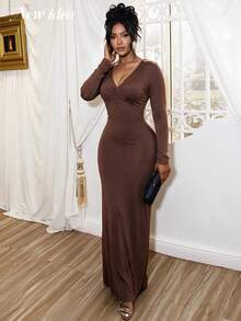 NEW IDEA Women Sexy Elegant Brown Fall Winter Maxi Dress, V Neck Open Back Slit Bodycon For Cocktail Party Gown - Brown - View 3
