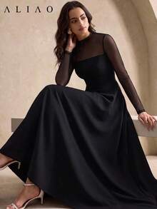 Spring/Autumn French Vintage Court Style Black Sheer Mesh A-Line Maxi Dress, Elegant Wedding Party Formal Gown - Black - View 5