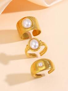 3pcs 18k Gold Plated Stainless Steel Vintage Sun Pattern Pearl Open Rings For Women - Gold - View 5