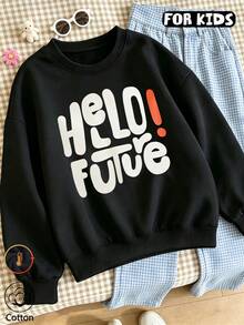 كنزة رياضية بياقة دائرية للبنات، كنزة رياضية بطبعة حروف جريئة "Hello Future" بأكمام طويلة، كنزة رياضية فضفاضة كاجوال للبنات المراهقات لفصل الخريف والشتاء - الأسود - مشاهدة 1