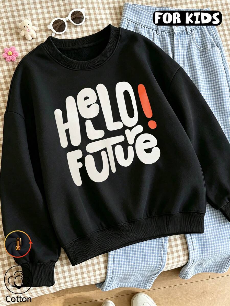 كنزة رياضية بياقة دائرية للبنات، كنزة رياضية بطبعة حروف جريئة "Hello Future" بأكمام طويلة، كنزة رياضية فضفاضة كاجوال للبنات المراهقات لفصل الخريف والشتاء - الأسود - مشاهدة 1