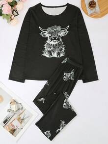 2pcs Women's Pajama Set, Autumn/Winter, 2-Piece Set, Round Neck Long Sleeve Pullover Top And Loose Elastic Waist Pants, Suitable For All Seasons, Home Wear, Outdoor Wear, Comfortable And Loose, Highland Cow Print Pattern - Black - View 10