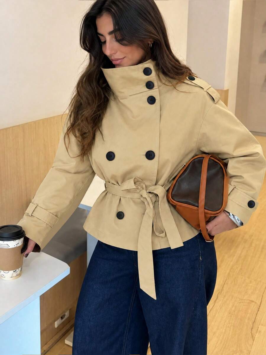Veste trench pour femme printemps automne hiver, élégante veste de ville couleur kaki col montant double boutonnage trench court avec ceinture à la taille et design d'épaulettes, veste de ville début automne style britannique - Kaki - Voir 1