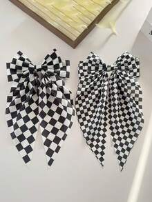1/3pcs Women's Black & White Plaid Checkerboard Spring Hair Clips With Bows, Minimalist Satin Ribbon Ponytail Clips, Autumn Outfit Decorative Hair Accessories, Versatile Daily Hair Clips - Multicolor - View 3