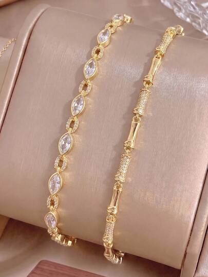 Juego de 2 pulseras con eslabones de cilindro pavé de bambú y círculo de CZ marquise, chapadas en oro de 18K, delicadas y apilables, joyería para mujer para uso diario en la oficina, regalo