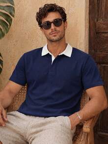 Kemeja Polo Pria Lengan Pendek Kerah Putih Warna Kontras, Atasan Kasual Gaya Vintage Longgar - Navy Blue - View 2