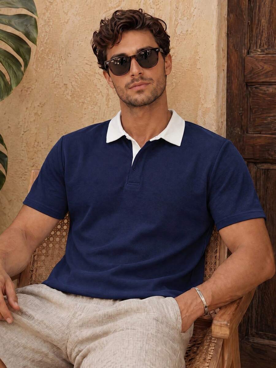 Kemeja Polo Pria Lengan Pendek Kerah Putih Warna Kontras, Atasan Kasual Gaya Vintage Longgar