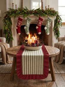 1pc Green & White Fine Striped With Burgundy Ruffle Edge Table Runner, Christmas Country Style Fabric Material, Rectangular Shape With Burgundy Ruffle Edge Patchwork Detail Decoration, Beautification And Stain Protection For Tabletop, Suitable For Christmas Fireplace Decor And Winter Holiday Home Scenes - Red - View 1