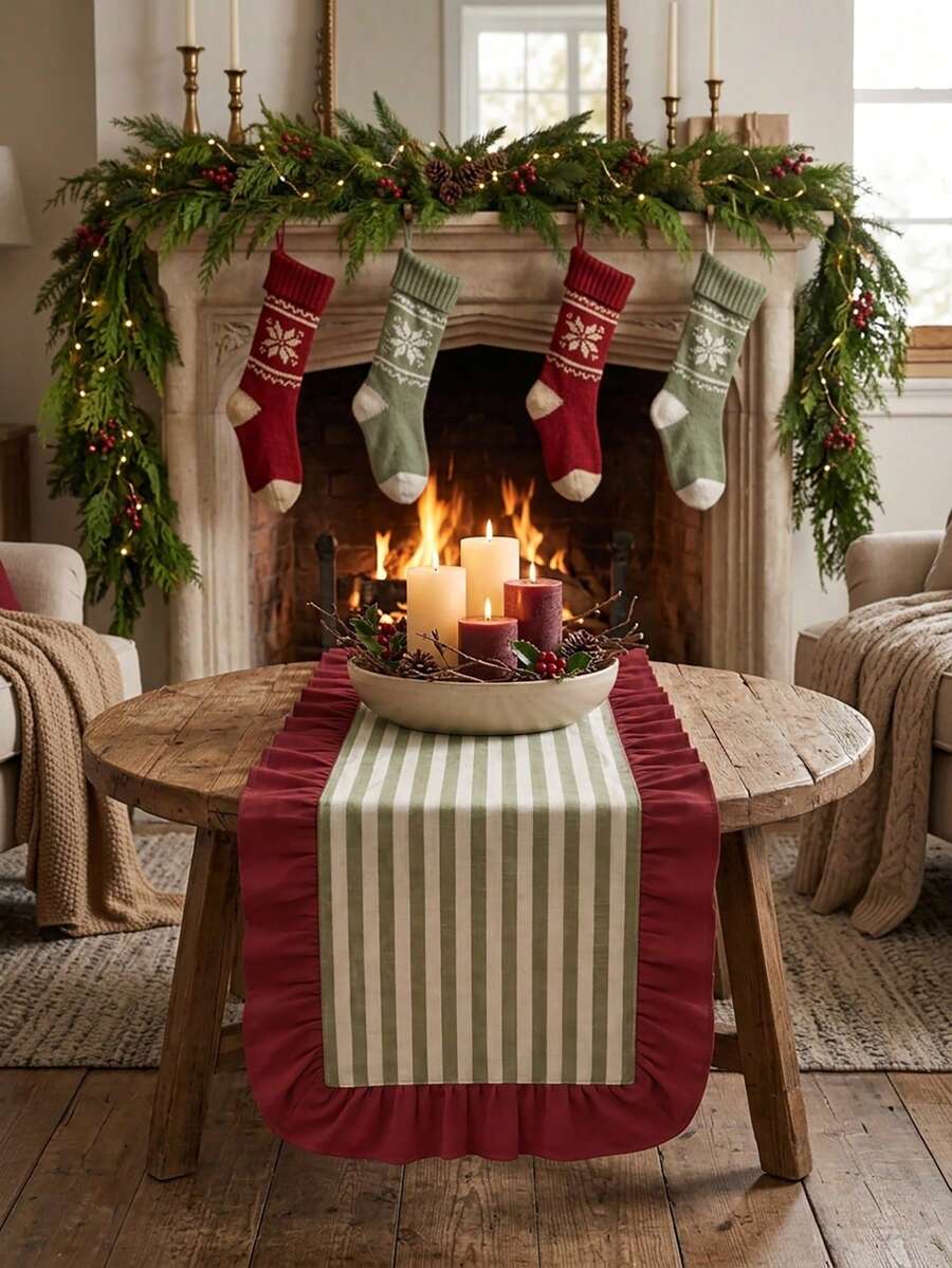 1pc Green & White Fine Striped With Burgundy Ruffle Edge Table Runner, Christmas Country Style Fabric Material, Rectangular Shape With Burgundy Ruffle Edge Patchwork Detail Decoration, Beautification And Stain Protection For Tabletop, Suitable For Christmas Fireplace Decor And Winter Holiday Home Scenes - Red - View 1