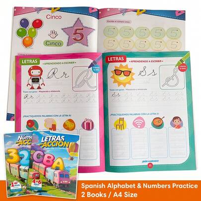 Lachilly Libro de práctica del alfabeto y números en español a todo color, material de aprendizaje de idiomas para estudiantes, cuaderno de ejercicios de caligrafía y trazado ABC 123 para jardín de infancia y preescolar