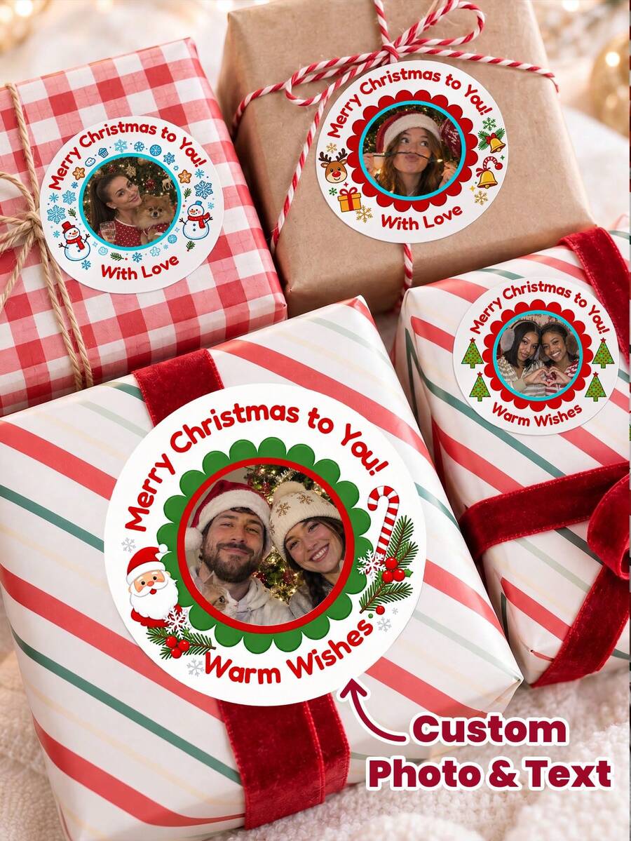 1/60/120pcs Customizable Personalized Pattern & Text Waterproof PVC Stickers, Custom Christmas Labels, Perfect For Minimalist Gift Box Sealing, Holiday Cards, Storage Jar Decoration, Holiday Planner, Ideal Gift For Family, Friends, Colleagues, Couples, Suitable For Christmas, Party, Anniversary - Multicolor 1 - View 1