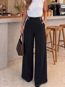 Women's Fashion Vintage Button Pocket Straight Leg Pants, Business Office - Black - View 1