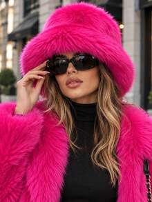 1 pieza Sombrero de cubo de mujer estilo Y2K esponjoso y grueso de piel, adecuado para días extremadamente fríos, actividades al aire libre en la nieve, uso diario, cálido en invierno - Rosa Fucsia - Ver 12