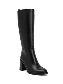 Smooth Faux Leather Block Heel Knee-High Boots – - Black - View 2