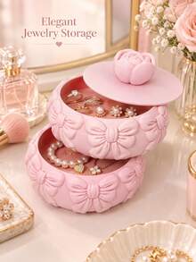Pink Stackable Jewelry Box With Rose Lid, Embossed Bow Jewelry Organizer For Earrings, Necklaces & Bracelets, Round Trinket Storage Box For Vanity - Pink Flowers - View 2