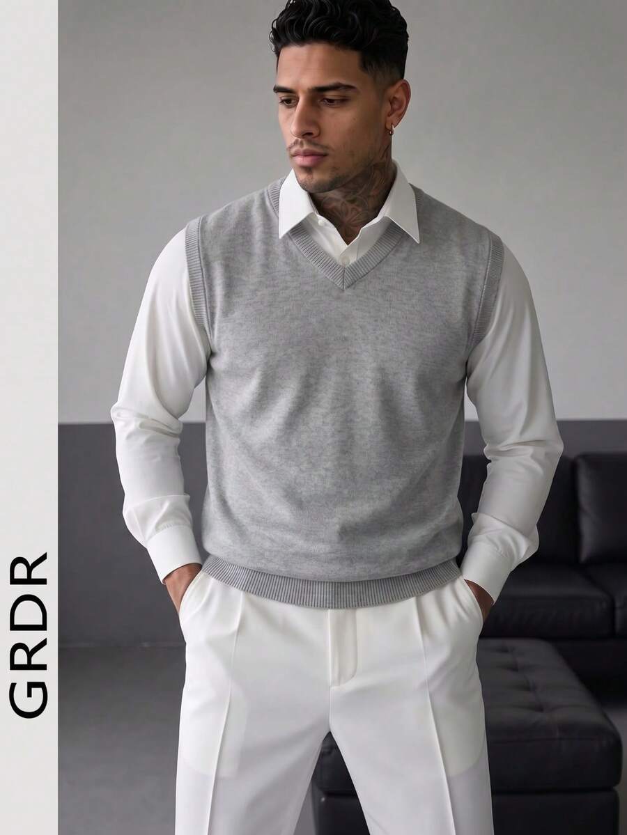 GRDR Men's Solid Color V-Neck Casual Versatile Knit Vest
