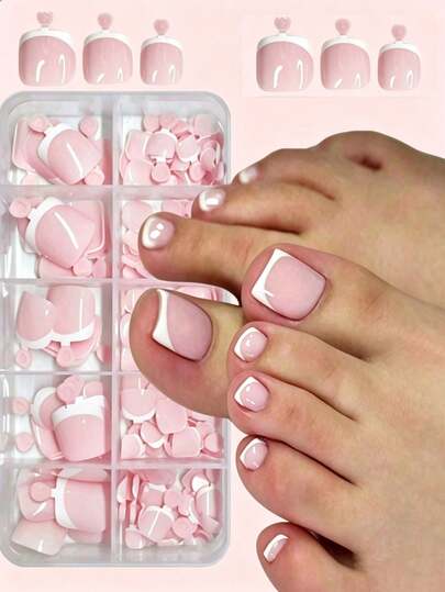120pcs White French Manicure & Pedicure Set, Medium Square Press-On Nails, Fashionable Minimalist Design, Self-Adhesive Nail Stickers, Glossy Pure French Style, Suitable For Women's Daily Wear, Includes Storage Box