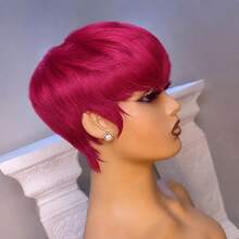 Colored Short Straight Pixie Cut Human Hair Wigs For Women 6 Inch 180% Density Layered Machine Made Wigs With Bangs Black Color 99J# Burgundy Green 613# Blonde BUG Red Color Basic Non Lace Wig Pixie Wig For Daily Wear And Halloween - SBUG - View 7
