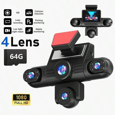 SIDAKEYE 360° Panoramic 5-Channel Dash Cam (4 Lenses + Rear) 64G Memory Card, 3.16-Inch IPS Display, 1080P Front, 720P Front, Middle, Rear, Left, Right Full Coverage, Quad-View Display Function, High-Definition Night Vision, Wide Dynamic Range, G-Sensor, USB Charging, 150mAh