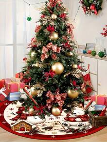 1pc Red Christmas Tree Skirt With Snowman And Bear Pattern, Classic Red Trim Snowflake Design, Round Base, Suitable For Standard Size Christmas Tree; Ideal For Winter Party And Home Holiday Decoration, Perfect Christmas Tree Accessory - Multicolor - View 11