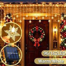 Christmas & Halloween Party Decoration Solar Powered Icicle Snowflake String Lights, Warm/Colorful/White 3 Color Modes, 4*0.6m Wave Style Hanging 16 Strands 96LEDs, 3D Hollow Snowflake Pendants, Transparent And Lightweight, Natural Snowfall Pattern, Clear Petal Outline, Soft Diffused Light, Hanging Ice & Snow Curtain Effect, Dreamy Night View - Solar Powered Snowflake Ice Bar Lights - View 14