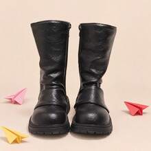 Sepatu bot tinggi anak perempuan berwarna hitam keren dengan detail lipit, resleting samping, dan tiga gesper, cocok untuk dipadukan dengan pakaian sehari-hari di musim gugur/musim dingin. - Hitam - View 3