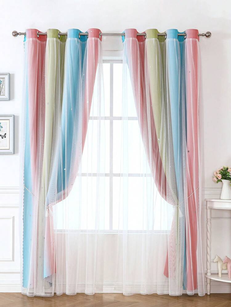 Double Layer Star Detail Single Panel Blackout Curtain - Multicolor - View 10