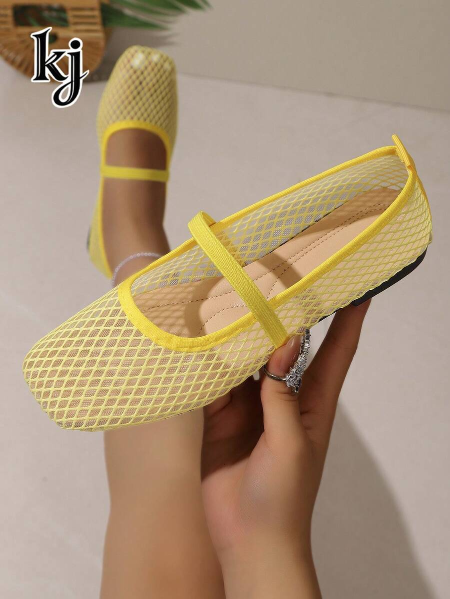 女款透氣網布方頭瑪麗珍平底鞋,彈性束帶輕盈柔軟,適合夏季日常、海灘、購物與度假 - 黃色 - 查看 1
