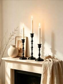 3pcs Matte Black Vintage Metal Taper Candle Holders, Desktop Decor Candle Holders, Suitable For Dark-Toned Home, Wedding And Holiday Party Tabletop Decoration, Candles Not Included - A - View 2
