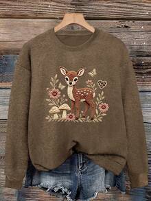 Women's Casual Round Neck Letter Print Sweatshirt (Autumn/Winter) - Dark Ochre - View 3